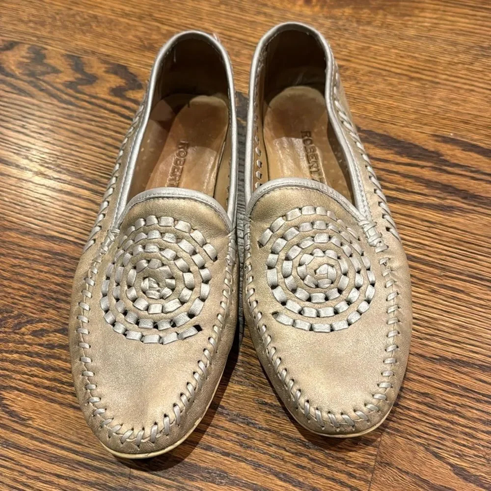 Robert Zur gold w/ silver lacing slip on leather driving moccasins/loafers. Sz 8